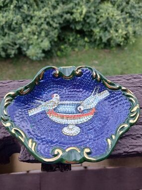 Hand-Painted Blue and Green Ceramic Decorative Dish with Bird Motif
